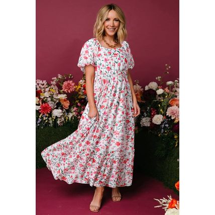 Pink Floral Puff Sleeve Square Neck Empire Waist Tiered Maxi Dress