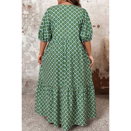 Green Geometric Floral Print Half Sleeve Plus Size Maxi Dress