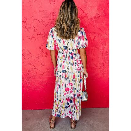 Rose Abstract Print Short Puff Sleeve Tiered Maxi Dress