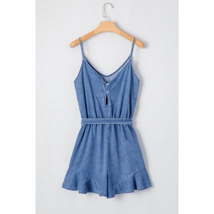 Ashleigh Blue Spaghetti Straps V Neck Belted Ruffled Leg Chambray Romper