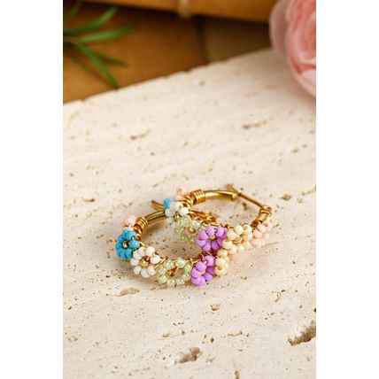 Gold Beaded Flower Hoop Alloy Earrings