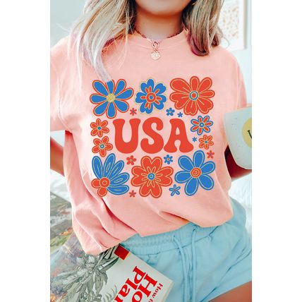 Pink Shimmer Flower USA Letter Printed Casual T Shirt