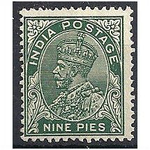 India 1934 SG233 9p Deep Green Mounted Mint.