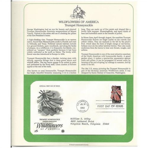 WILDFLOWERS OF AMERICA : HONEYSUCKLE ' OFFICIAL FIRST DAY of ISSUE ' (1992)