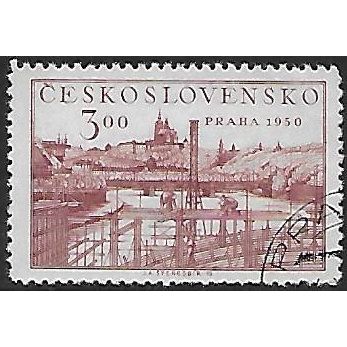 Mi 639: 3 Kč wine-red Philatelic Exhibition, Prague: Construction Activity.
