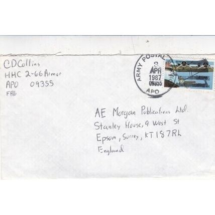 United States 1987 Army Postal Service APO to Epsom UK cover APO Cancel Written