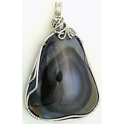 Blue Black Chalcedony Stainless Wire Wrap Gemstone Pendant 50