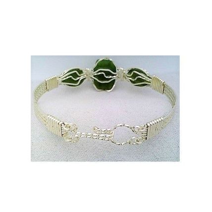 Jade Silver Wire Wrap Gemstone Bangle Cuff Bracelet Sz. 7
