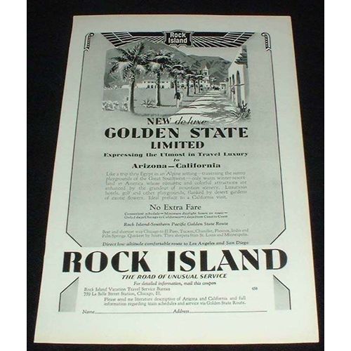 1929 Rock Island RR Golden State Ad, Luxury!!