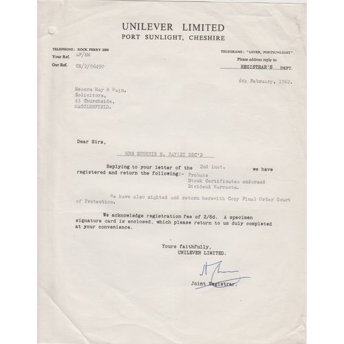 Letter 1962 Unilever concerning stock certificates owned by Mrs Bayley see rest
