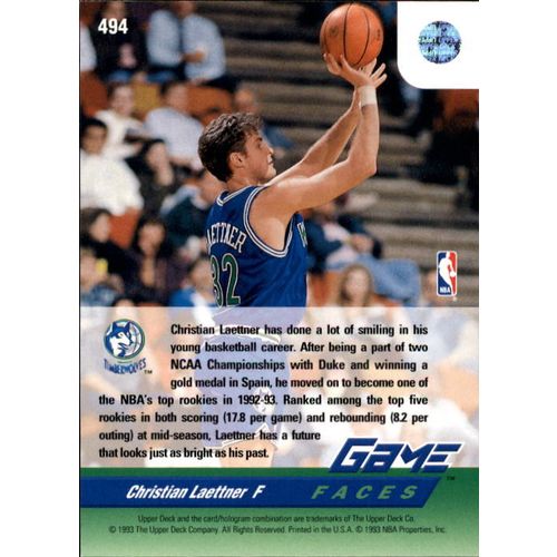 1992-93 Upper Deck Basketball Christian Laettner Game Faces #494