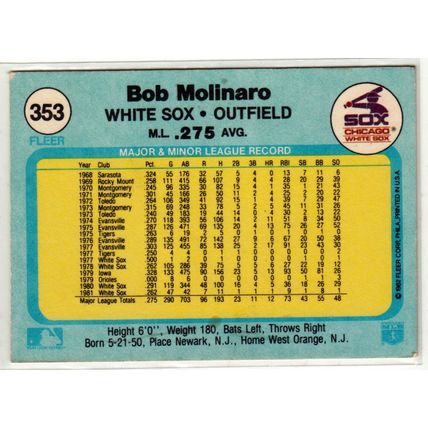 1982 Fleer baseball card 353 Bob Molinaro– White Sox