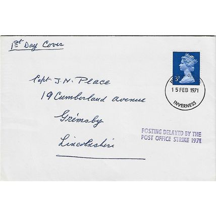GB 1971 3p definitive FDC with Delayed by Postal Strike slogan & Inverness pm