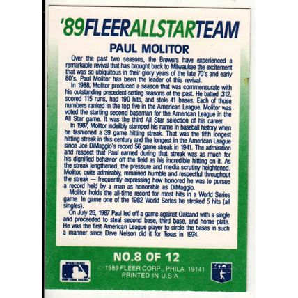 1989 Fleer All Star Team insert baseball card #8 Paul Molitor