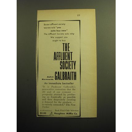 1958 Houghton Mifflin Book Ad - The Affluent Society by John Kenneth Galbraith