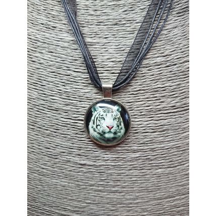 Beautiful Snow Tiger Glass Cabochon Silver Pendant Black Organza Necklace Gift