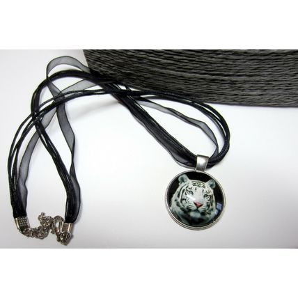 Beautiful Snow Tiger Glass Cabochon Silver Pendant Black Organza Necklace Gift