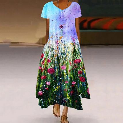 dress with pockets oversized dress Foreign trade printed round neck
