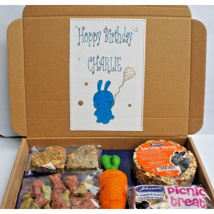 HOPPY BIRTHDAY BOY BUNNY BIRTHDAY BOX PERSONALISED & FILLED WITH RABBIT TREATS