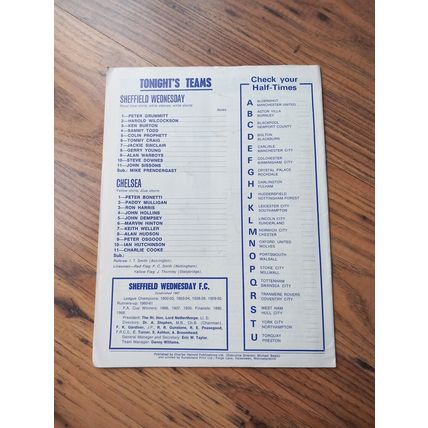 1970/71 Sheffield Wednesday vs Chelsea - League Cup **FREE P&P**