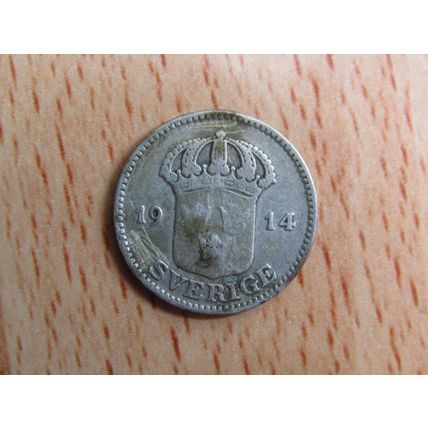 Sweden 1914 Silver 25 Ore Coin
