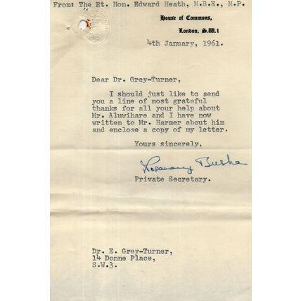 Sir Edward Heath Secretary 1961 House Of Commons Hand Signed Letter