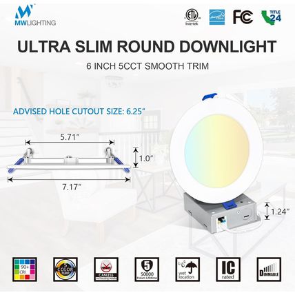 24Pack 6 Inch 5CCT Ultra-Thin LED Recessed Ceiling Light with Junction Box, 2700