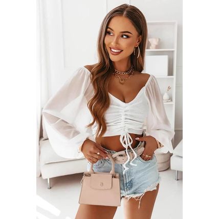 White Drawstring Front Sheer Puff Sleeve Crop Top