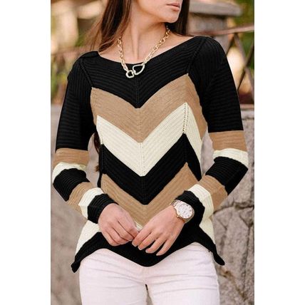 Black Chevron Colorblock Knit Sweater