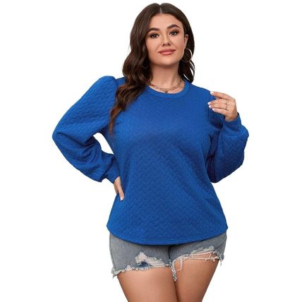 Dark Blue Cable Pattern Puff Sleeve Plus Size Top