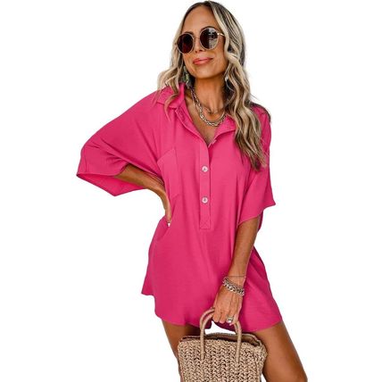 Bright Pink Half Button Collared Loose Romper