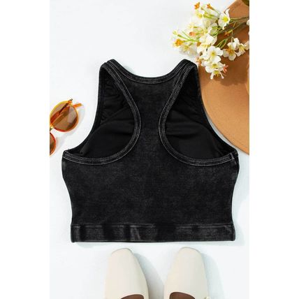 Black Ribbed Mineral Wash Racerback Cropped Tank Top