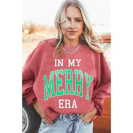 Strawberry Pink IN MY MERRY ERA Loose Fit Corded Sweatshirt