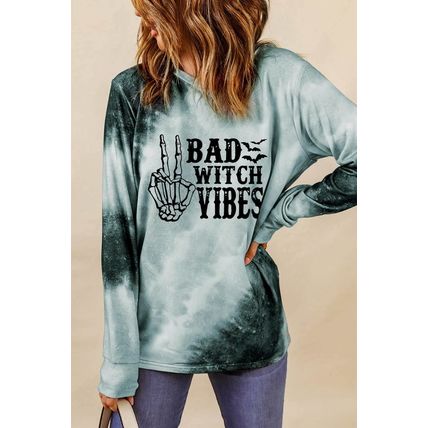 Gray Tie Dye BAD WITCH VIBES Graphic Long Sleeve Top