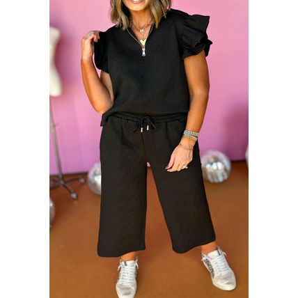 Black Plus Ruffled Sleeve Quarter Zip Top Wide Leg Pants Set