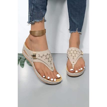 Beige Hollow Out Clip Toe Wedge Slippers