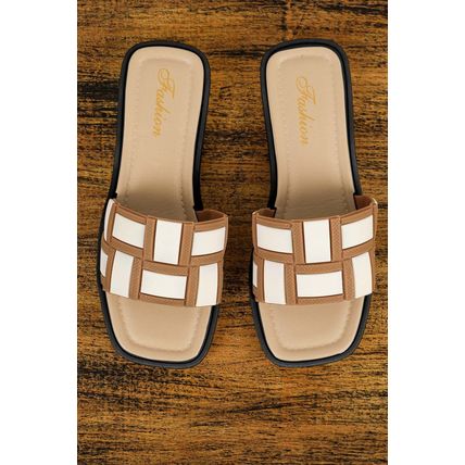 Beige Two Tone Contrast PU Leather Square Toe Slippers