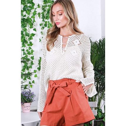 White Open Knit Buttoned Neck Split Sleeve Sweater