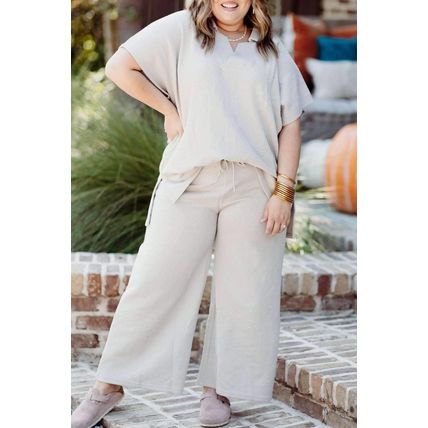 Beige Plus Size Textured Collared Top and Pants Set