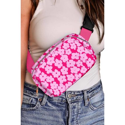 Rose Red Flower Print Wide Belt Buckle Zipper Crossbody Bag