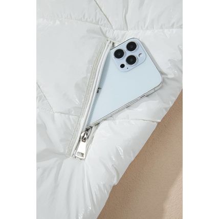 White Solid Quilted Hooded Zip Up Puffer Coat