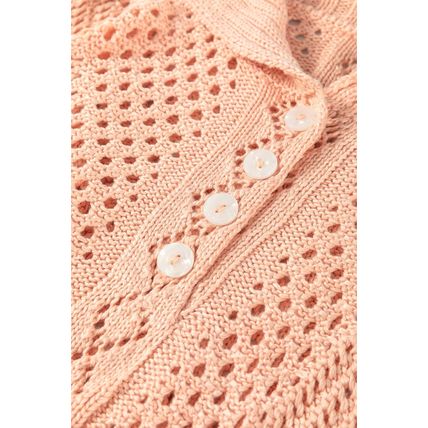 Apricot Pink Hollowed Knit 3/4 Dolman Sleeve Buttoned Collared Sweater