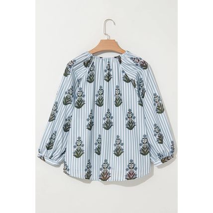 Beau Blue Striped Floral Printed Long Sleeve Tied V Neck Blouse