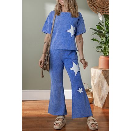 Ashleigh Blue Acid Wash Star Patched Rolled Trim Pants Set