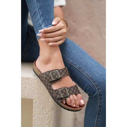 Coffee Geometric Print Cut Out Buckle PU Leather Flat Slippers