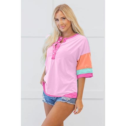 Pink Solid Color Half Sleeve Buttons Henley Top