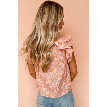 Orange Floral Ruffle Sleeve Split Neck Blouse