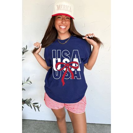Blue USA Bow Printed Casual Cotton Blend T Shirt