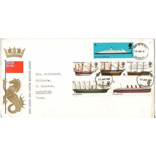 GREAT BRITAIN 1969 BRITISH SHIPS GPO FIRST DAY COVER CAMBRIDGE CDS