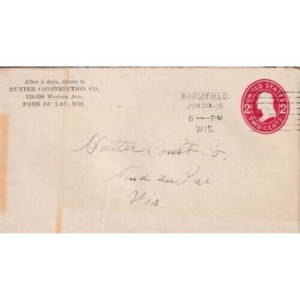 United States 1916 Hutter Construction Co. Wisconsin Cover Marshfield cancel VGC